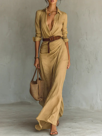 Camille™ | Robe maxi avec revers et ceinture à la taille