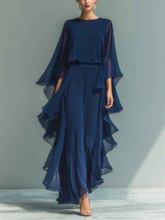 Ensemble en Chiffon Bleu Marine avec Volants