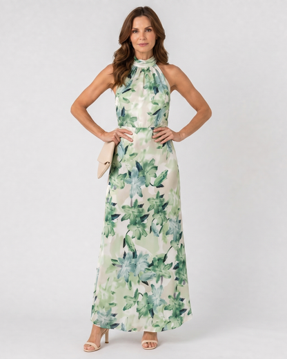 Cekel | Robe Midi Flottante à Imprimé Botanique avec Col Halter