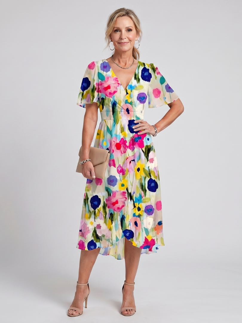 Mirabel | Robe midi à manches volantes et taille froncée avec imprimé floral