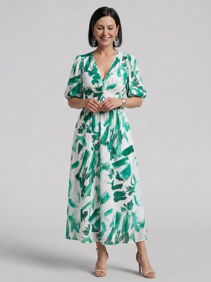 Candlia | Robe Midi à Manches Bouffantes et Imprimé Abstrait en V