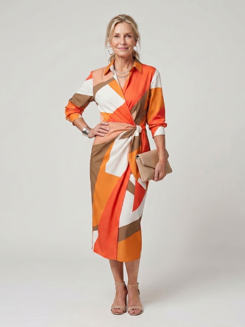 Leya | Robe midi à manches longues et col, motif rayé