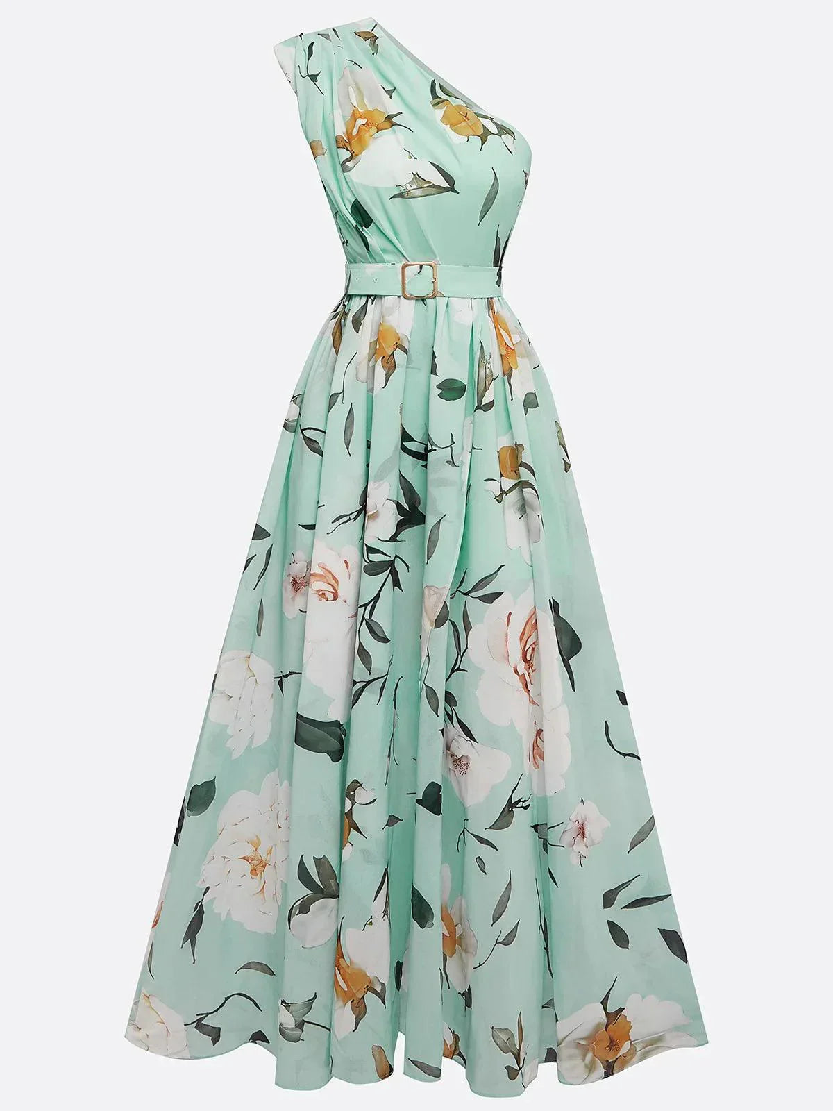 Julie | Robe Maxi Chiffon Fleurie Vert Clair à Une Épaule