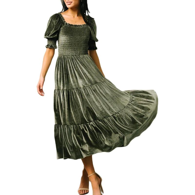 AUDREY™ - Square Neck Puff Sleeve A-Line Midi Dress for All Occasions