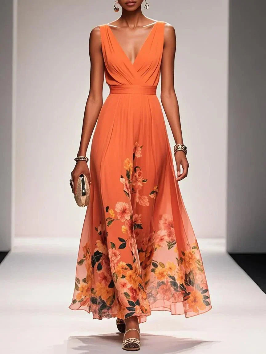 Robe Maxi V-Neck en Chiffon Floral Bleu Clair