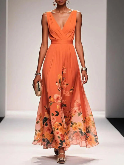 Robe Maxi V-Neck en Chiffon Floral Bleu Clair
