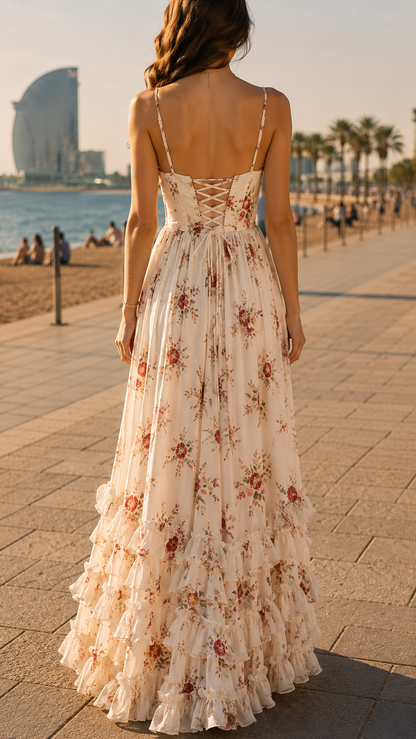 Queniva – Robe Maxi Florale Romantique de Barcelone