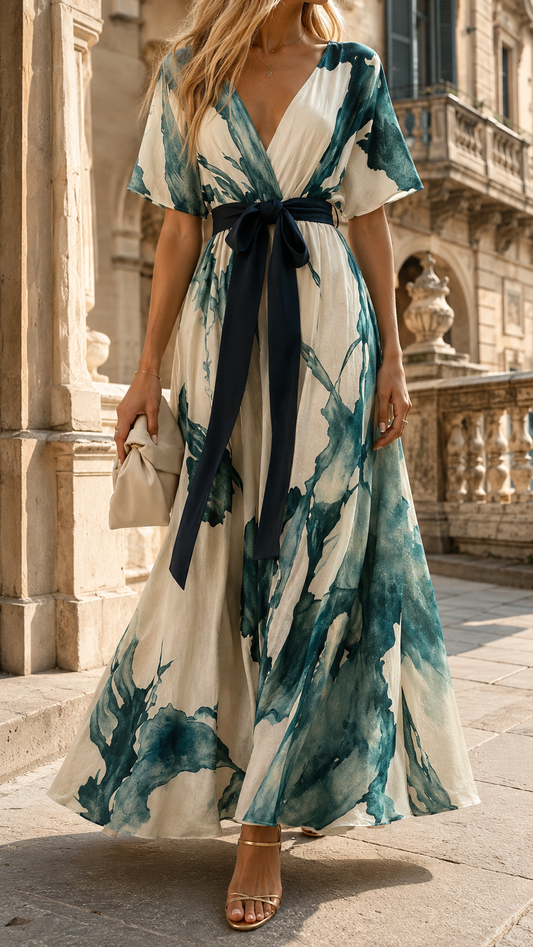 Nivara – Robe Maxi Wrap Artistique de Gênes