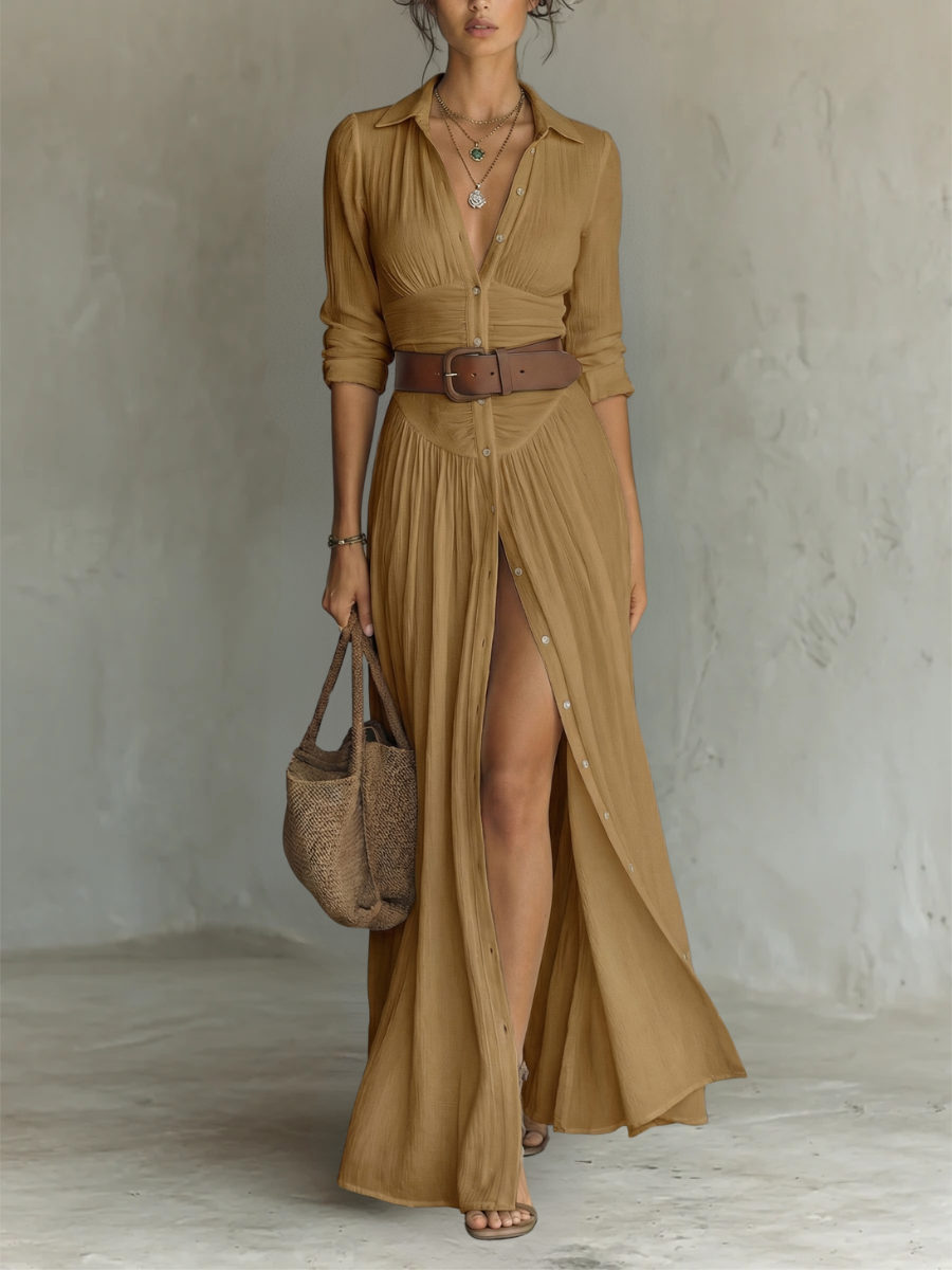 Robe Maxi Longue avec Col Noté et Manches Longues pour Femmes