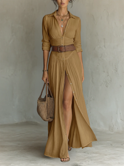 Robe Maxi Longue avec Col Noté et Manches Longues pour Femmes