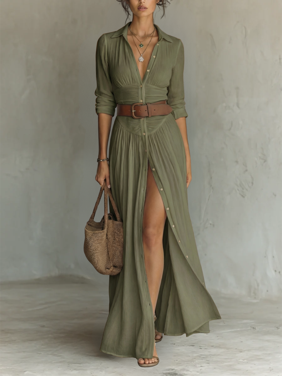 Robe Maxi Longue avec Col Noté et Manches Longues pour Femmes