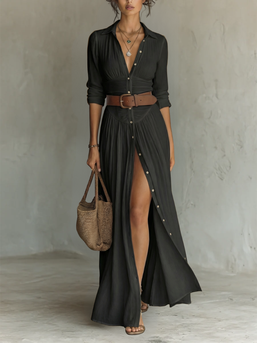 Robe Maxi en Lin à Col Revers à Manches Longues