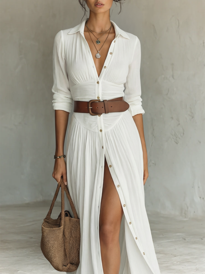 Robe maxi plissée en lin blanc