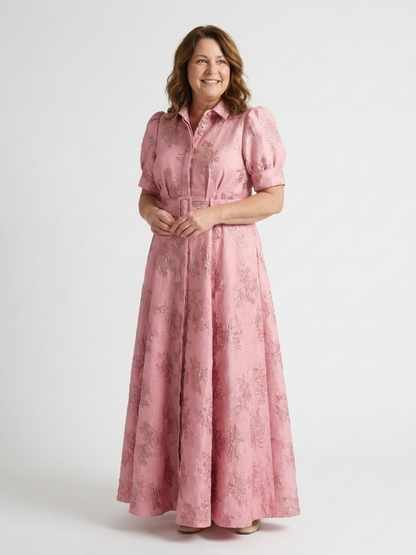 Xanthea | Robe maxi chemise à manches courtes et ceinture florale texturée