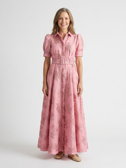 Xanthea | Robe maxi chemise à manches courtes et ceinture florale texturée