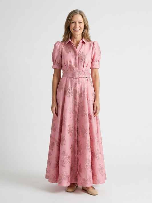 Xanthea | Robe maxi chemise à manches courtes et ceinture florale texturée