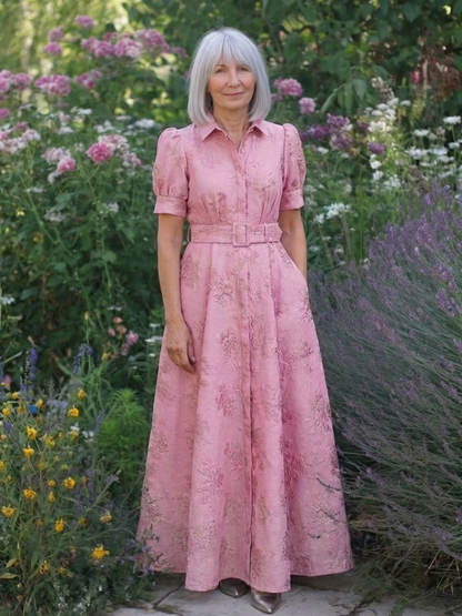 Xanthea | Robe maxi chemise à manches courtes et ceinture florale texturée