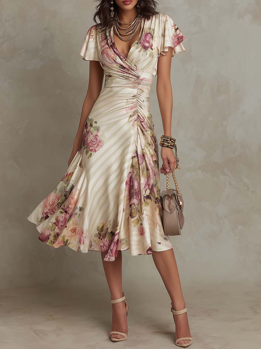 Margaret | Robe Midi Satin Floral Vintage
