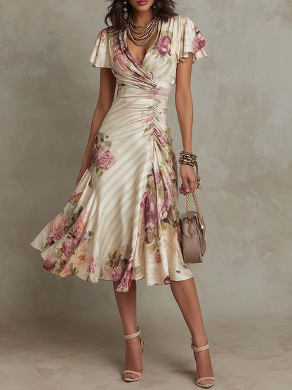 Margaret | Robe Midi Satin Floral Vintage