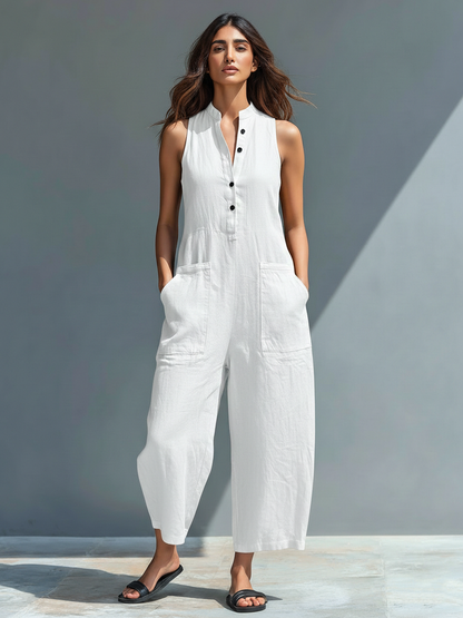 Combinaison Minimaliste Sans Manches pour Femmes avec Col Haut et Boutons