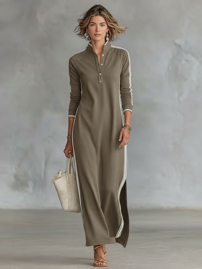 Robe Sweatshirt Maxi pour Femmes avec Col Boutonné et Détails Blancs
