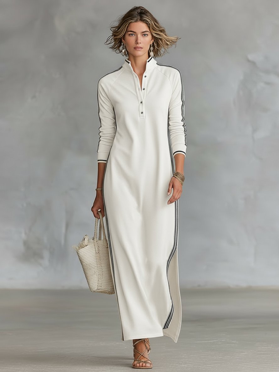 Robe Sweatshirt Maxi pour Femmes avec Col Boutonné et Détails Blancs
