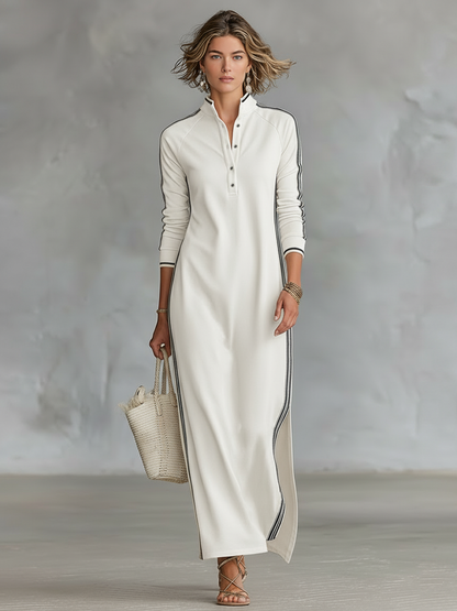 Robe Sweatshirt Maxi pour Femmes avec Col Boutonné et Détails Blancs