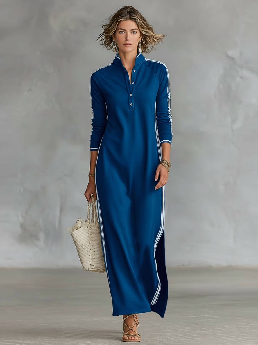 Robe Sweatshirt Maxi pour Femmes avec Col Boutonné et Détails Blancs