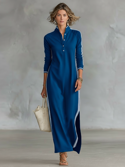 Robe Sweatshirt Maxi pour Femmes avec Col Boutonné et Détails Blancs