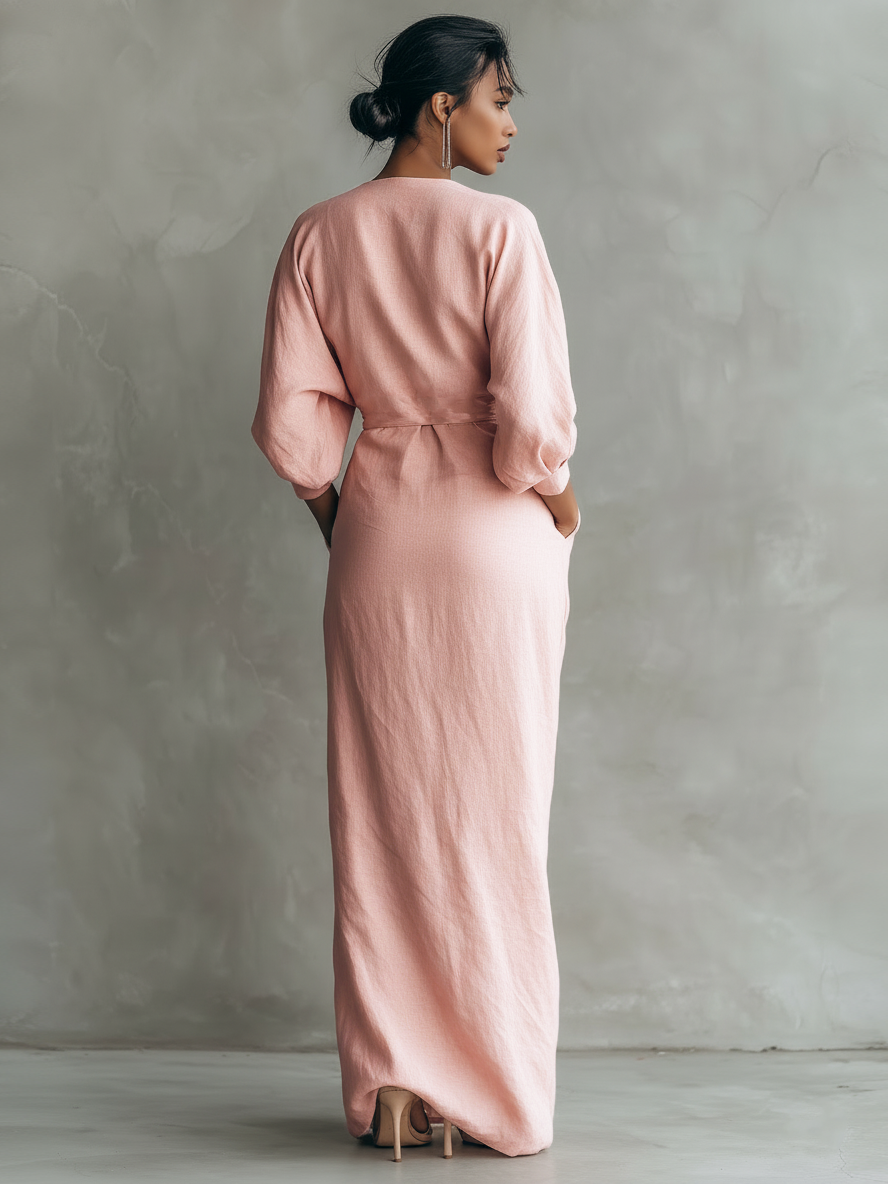 Robe Maxi en Lin Rose V-Cou