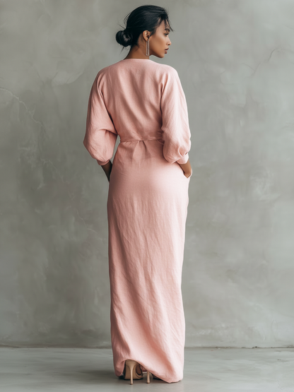 Robe Maxi en Lin Rose V-Cou