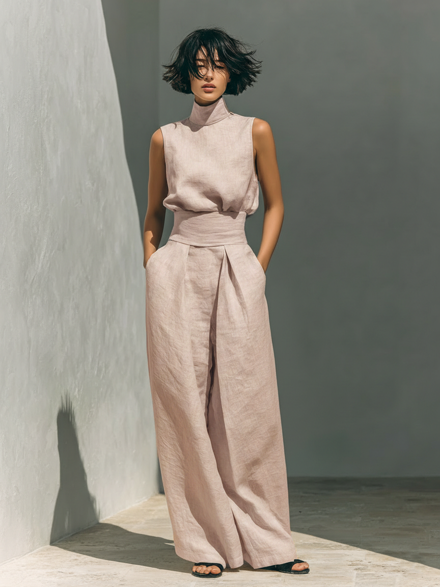 Lili – Ensemble minimaliste en coton et toile : débardeur et pantalon ample pour femmes
