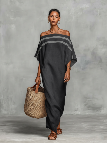 Robe Maxi Minimaliste pour Femmes avec Encolure Bardot et Manches Chauve-Souris