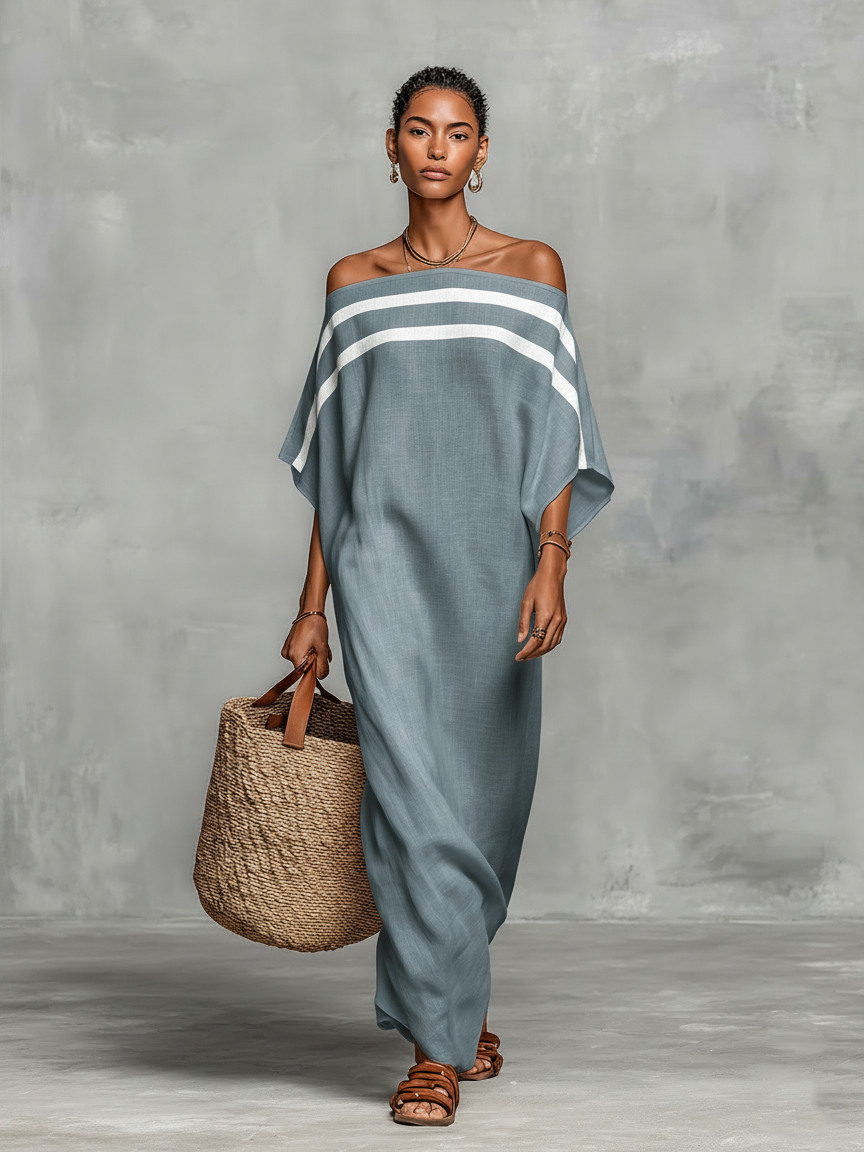 Robe Maxi Minimaliste pour Femmes avec Encolure Bardot et Manches Chauve-Souris