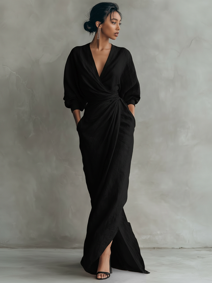 Robe Maxi Minimaliste Rose avec Décolleté en V pour Femmes