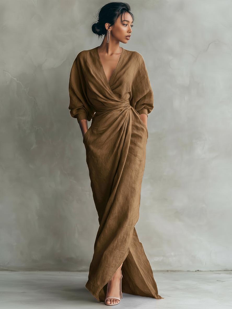 Robe Maxi Minimaliste Rose avec Décolleté en V pour Femmes