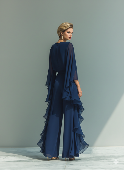 Ensemble Top en Chiffon Bleu Marine avec Manches Évasées et Pantalons à Jambe Droite avec Détails Ruchés