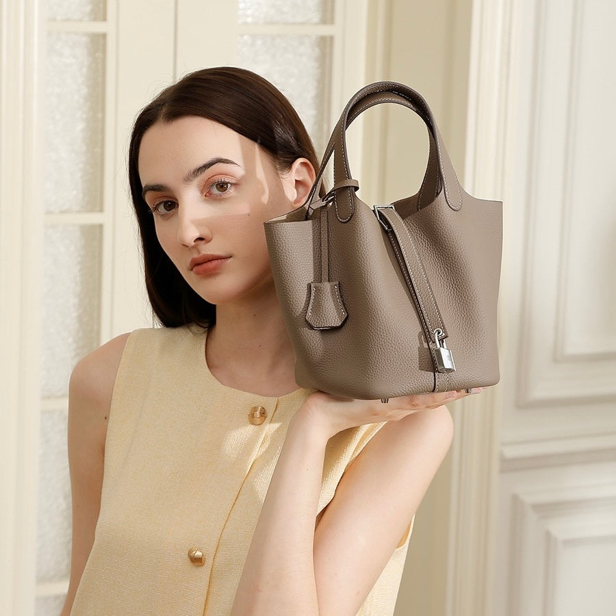 Women's Genuine Leather Silver Buckle Basket Bag