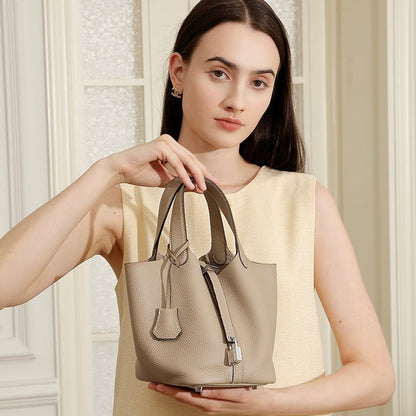 Women's Genuine Leather Silver Buckle Basket Bag