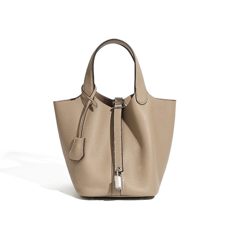 Women's Genuine Leather Silver Buckle Basket Bag