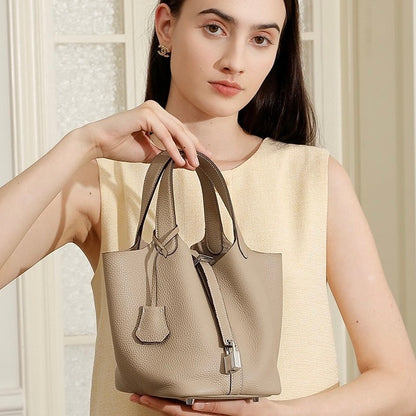 Women's Genuine Leather Silver Buckle Basket Bag