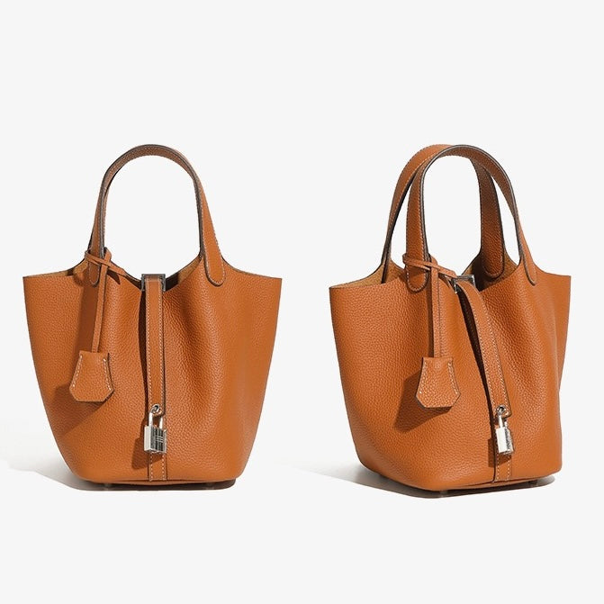 Women's Genuine Leather Silver Buckle Basket Bag