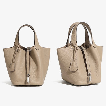 Women's Genuine Leather Silver Buckle Basket Bag