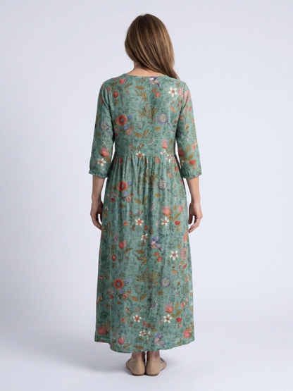 Marina | Robe Maxi à Manches Trois Quarts et Col V Floral