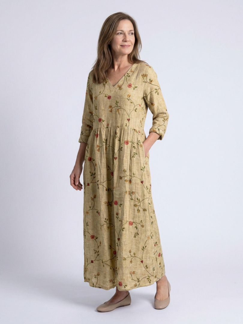 Marina | Robe Maxi à Manches Trois Quarts et Col V Floral
