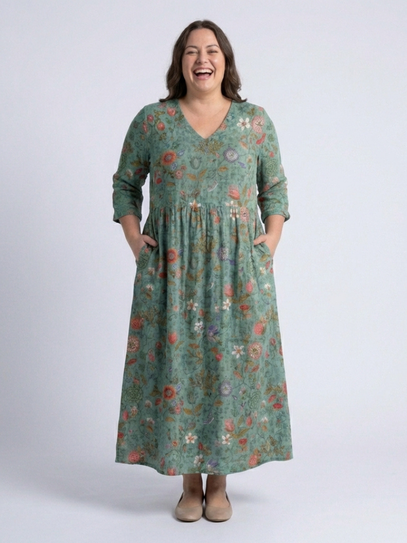 Marina | Robe Maxi à Manches Trois Quarts et Col V Floral