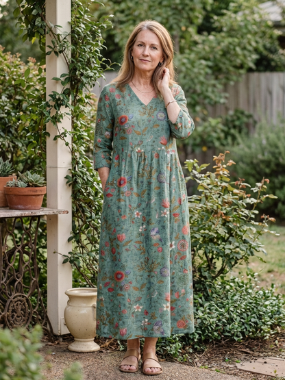 Marina | Robe Maxi à Manches Trois Quarts et Col V Floral