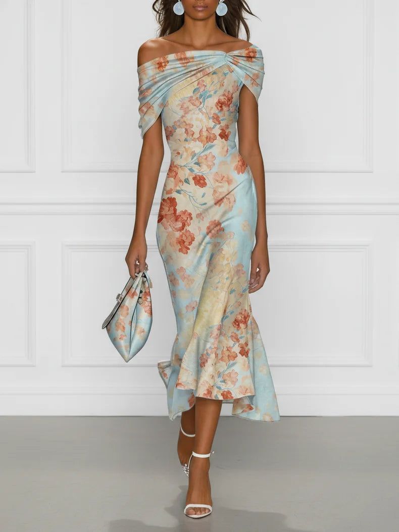 Vittoria - Robe Midi Sirène Sans Manches avec Épaules Dénudées et Motif Floral Bleu