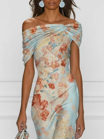 Vittoria - Robe Midi Sirène Sans Manches avec Épaules Dénudées et Motif Floral Bleu