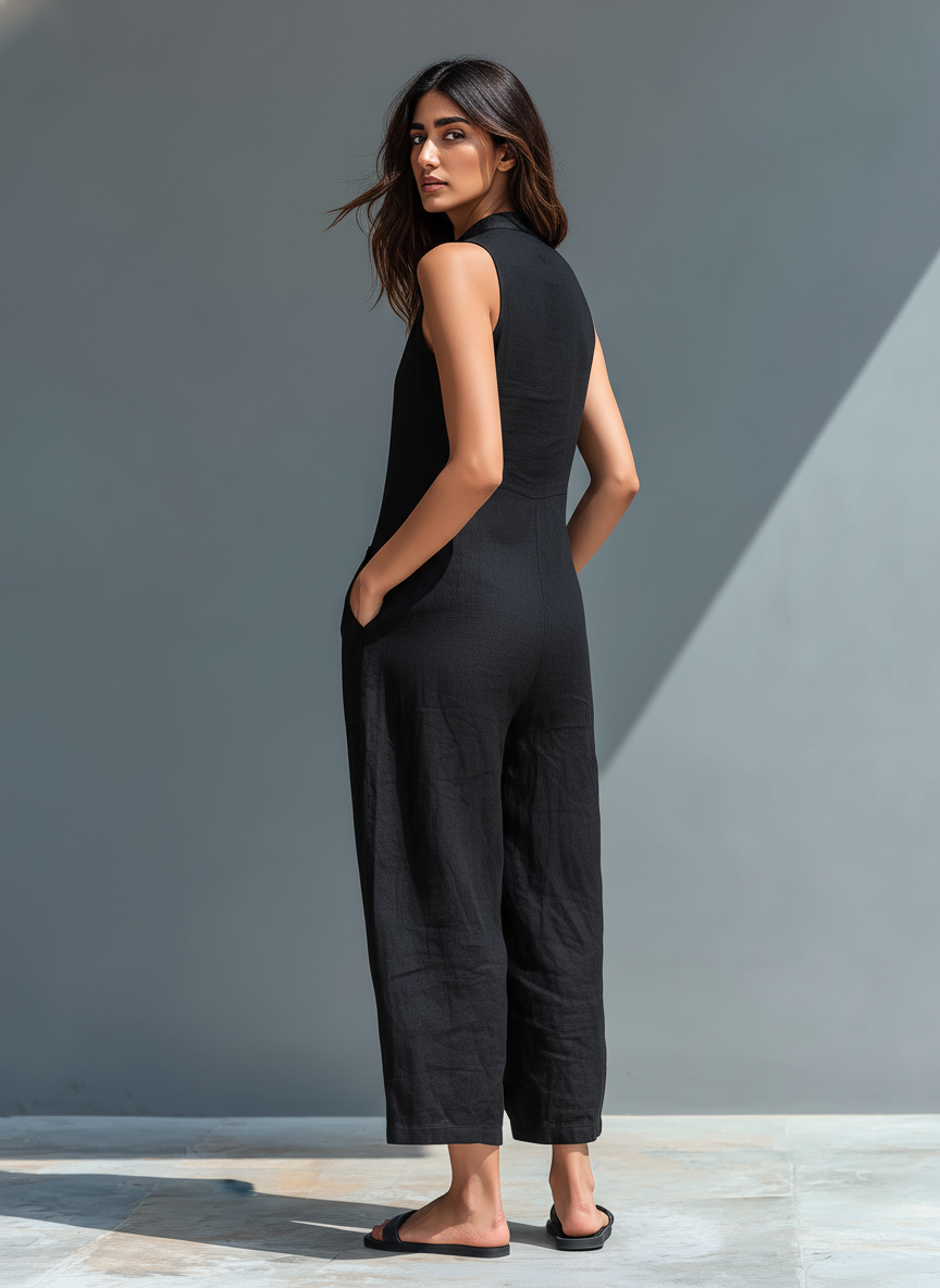 Combinaison Minimaliste Sans Manches pour Femmes avec Col Haut et Boutons